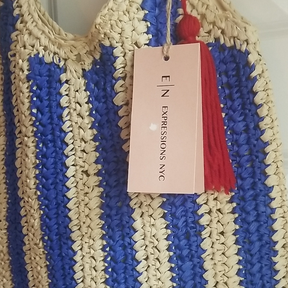 Expressions Royal Blue and Beige Striped Tote With Red Tassel NWT - Picture 3 of 13